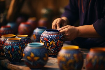 Close-up of hands painting intricate designs on traditional pottery - obrazy, fototapety, plakaty