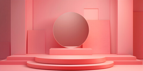 A pink room with a large round white podium and a large white round object. Pink Podium Elegance A Minimalistic PastelColored Abstract Geometric Showcase 
