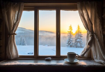 Cozy winter morning view from inside a warm cabin, looking out through a frosty window at a snowy landscape bathed in the first light of dawn, generative AI