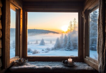 Cozy winter morning view from inside a warm cabin, looking out through a frosty window at a snowy landscape bathed in the first light of dawn, generative AI - obrazy, fototapety, plakaty