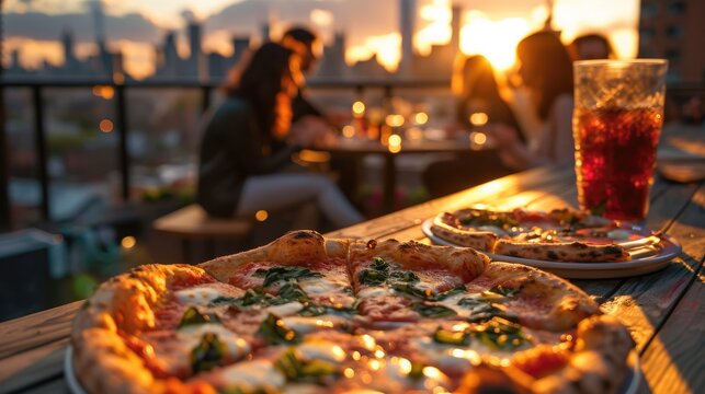 A group of friends enjoys a warm, convivial evening, sharing a freshly-baked Margherita pizza on a city rooftop as the sunset paints the sky.