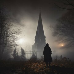 Gothic church surrounded by misty graveyard with bell tower - obrazy, fototapety, plakaty