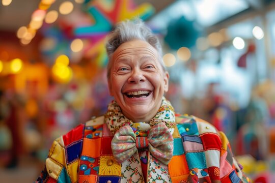 Laughter and colors burst as a joyful elder celebrates life, her patchwork coat a tapestry of stories, each chuckle as bright as her surroundings.