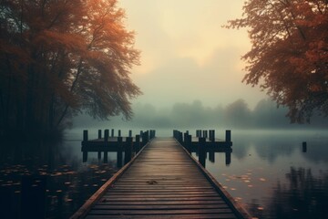 Foggy October evening at a lake - obrazy, fototapety, plakaty