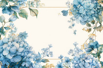 an illustrated invitation, luxury wedding theme, blank in middle no writing lines on solid white background, for a stubble gold and delicate floral borders, high detailed,a soft hydrangeas bouquet ado