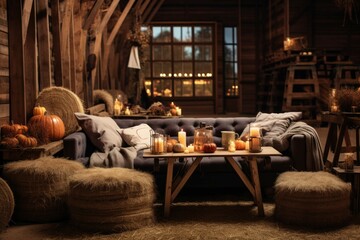 Naklejka premium Cozy October evening in a rustic barn