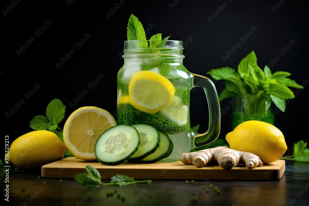 Poster a mason jar filled with cucumbers and lemons, creating a detoxifying and refreshing drink. generativ