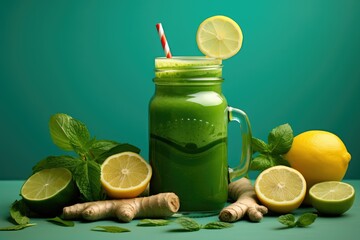 A vibrant green smoothie in a mason jar surrounded by fresh lemons and mint leaves, creating a refreshing and detoxifying treat. Generative AI - obrazy, fototapety, plakaty