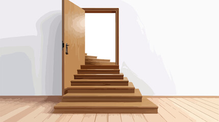 Wooden stairs go from a wooden floor to an opened wood