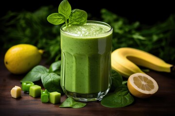 A vibrant green smoothie in a glass, surrounded by an assortment of fresh fruits and vegetables, creating a colorful and inviting display. Generative AI