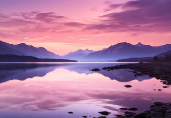 Glowing twilight over a serene lake, with the silhouette of distant mountains and a sky painted with soft pink and purple hues, generative AI