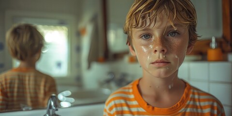 A reflective image of a child holding a toothbrush, learning the importance of dental hygiene in a bathroom setting.
