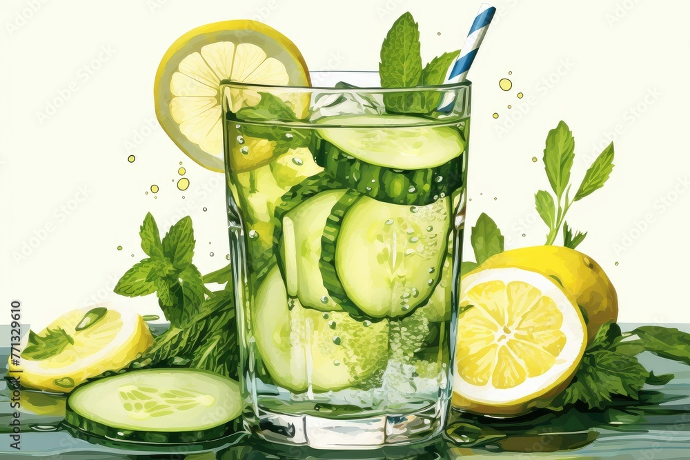 Poster a glass filled to the brim with crisp cucumber slices and zesty lemon slices, creating a refreshing 