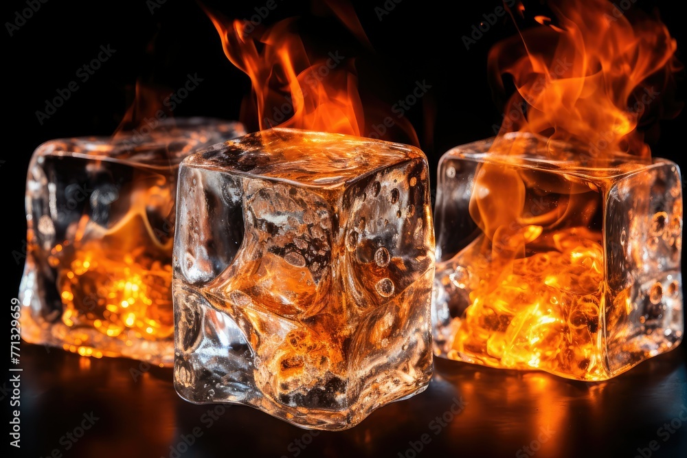 Poster three ice cubes with vibrant flames dancing on their surface, creating a mesmerizing and surreal con