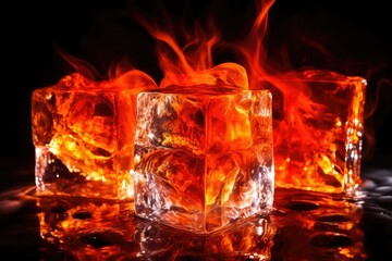 A group of ice cubes stands firm in the foreground, while a mesmerizing fire burns brightly in the background. Generative AI