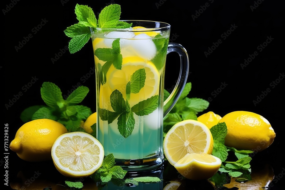 Poster a refreshing pitcher filled with lemonade, surrounded by fresh mint leaves and sliced lemons on a ru
