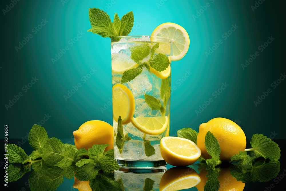 Poster a glass filled with refreshing lemonade, adorned with slices of fresh lemon and a sprig of fragrant 
