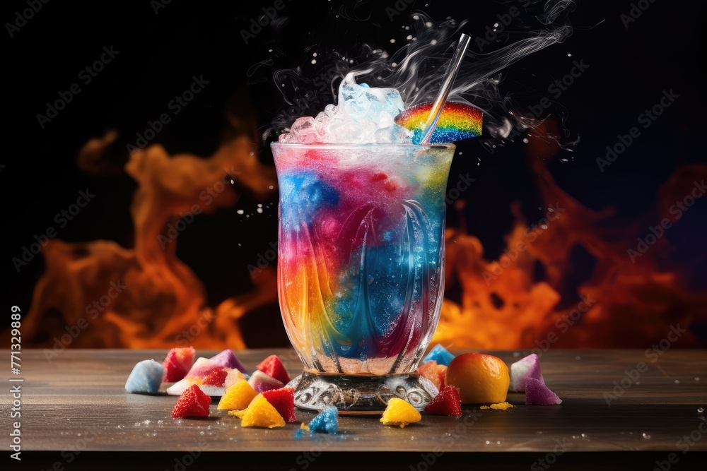 Poster a glass filled with a mysterious liquid is topped with an assortment of colorful candy on a rustic t