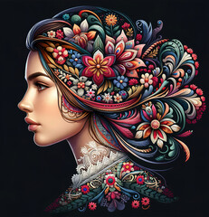 The highly stylised portrait depicts a female figure with a vibrant collection of bright floral patterns intertwined in her hair. Intricate details and rich colour dynamics. AI generated.