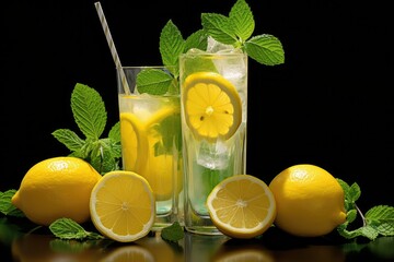 A refreshing glass of lemonade garnished with fresh lemon slices and vibrant mint leaves. Generative AI