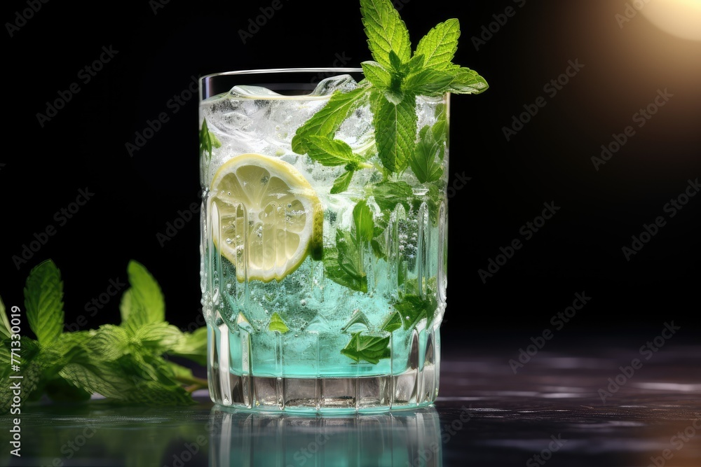 Poster a glass filled with ice and adorned with a zesty lime slice, embodying refreshing mocktail freshness