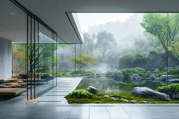 an architectural photograph exterior view of an minimalist villa, with very nice Japanese garden landscape, featured minimalist sliding door, medium shot