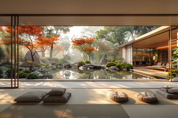 an architectural photograph exterior view of an minimalist villa, with very nice Japanese garden landscape, featured minimalist sliding door, medium shot