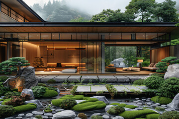 an architectural photograph exterior view of an minimalist villa, with very nice Japanese garden landscape, featured minimalist sliding door, medium shot