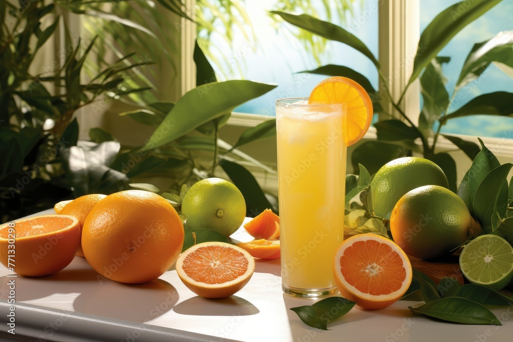 Poster a glass of freshly squeezed orange juice sitting next to vibrant oranges and zesty limes, creating a