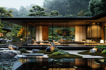 an architectural photograph exterior view of an minimalist villa, with very nice Japanese garden landscape, featured minimalist sliding door, medium shot