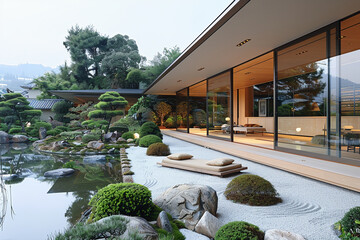 an architectural photograph exterior view of an minimalist villa, with very nice Japanese garden landscape, featured minimalist sliding door, medium shot