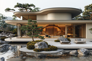 an architectural photograph exterior view of an minimalist villa, with very nice Japanese garden landscape, featured minimalist sliding door, medium shot