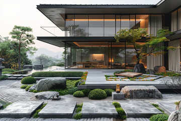 an architectural photograph exterior view of an minimalist villa, with very nice Japanese garden landscape, featured minimalist sliding door, medium shot