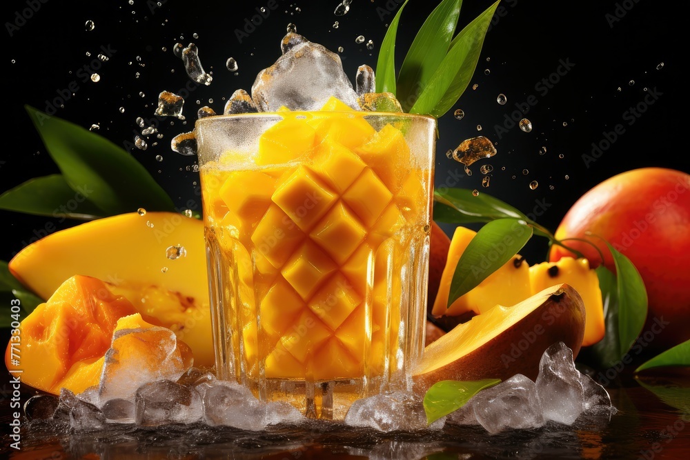 Poster a glass of mango juice sits with a splash of water creating a harmonious and refreshing blend of fla