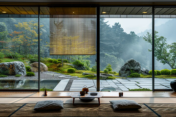 an architectural photograph exterior view of an minimalist villa, with very nice Japanese garden landscape, featured minimalist sliding door, medium shot
