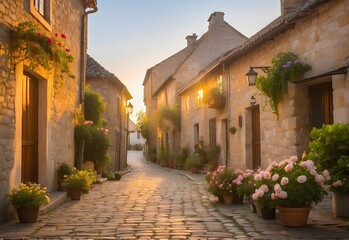 Rustic charm of an old village street at dawn, with cobblestone paths, flowering pots outside quaint houses, and the first rays of sun casting golden light, generative AI