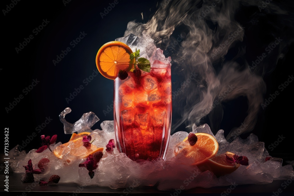Poster a tall glass filled with ice and orange slices, creating a refreshing and visually appealing beverag