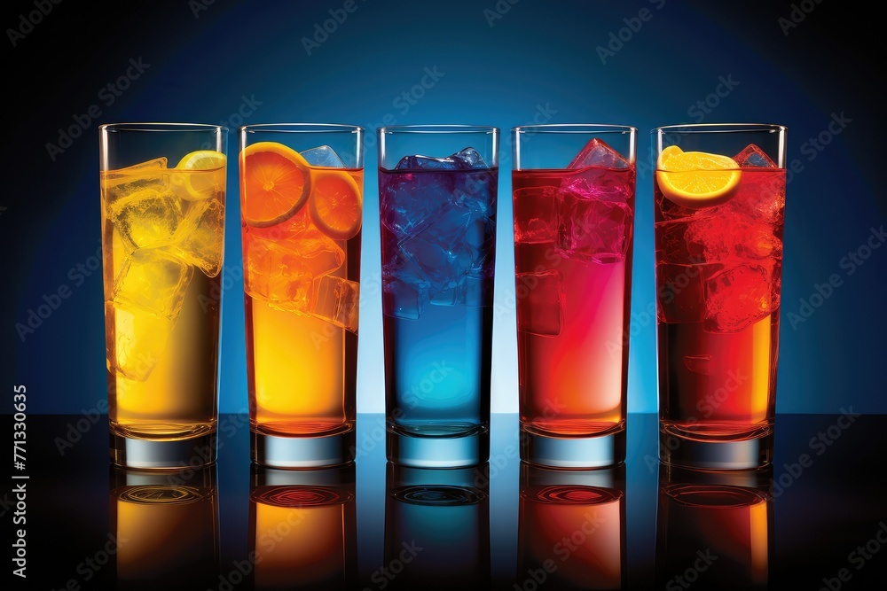 Poster a colorful array of different colored drinks lines up neatly on a wooden table, each drink radiating