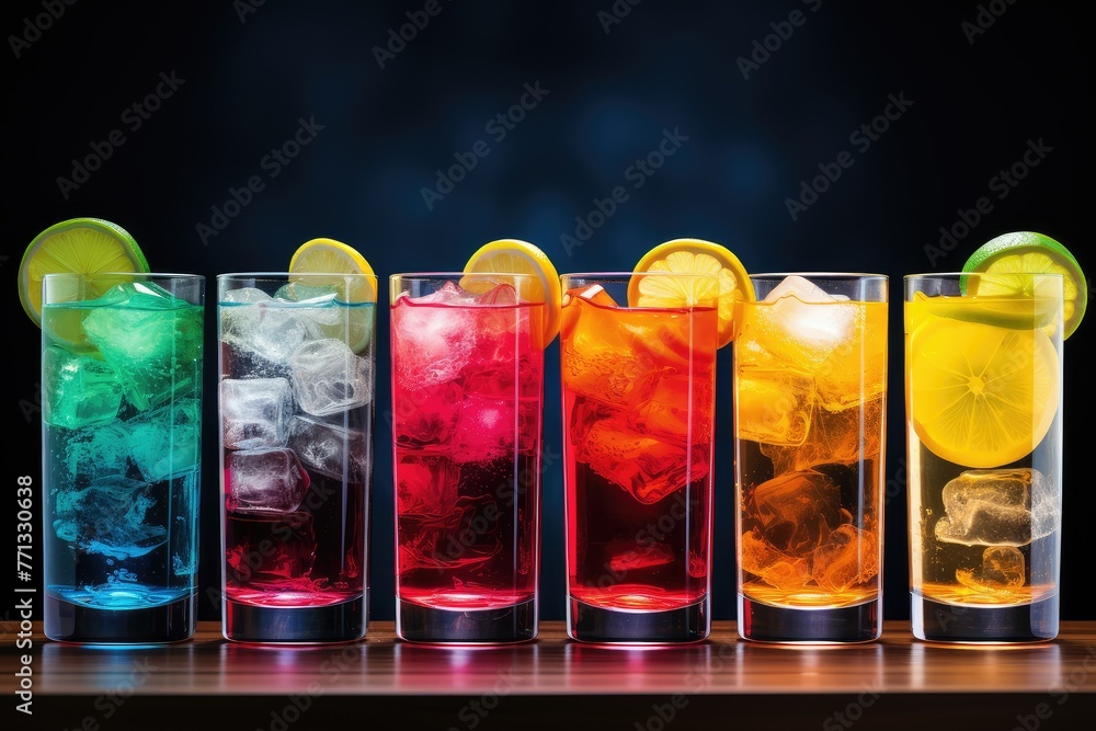 Poster a vibrant row of glasses holding an array of differently colored drinks, creating a visual spectrum 