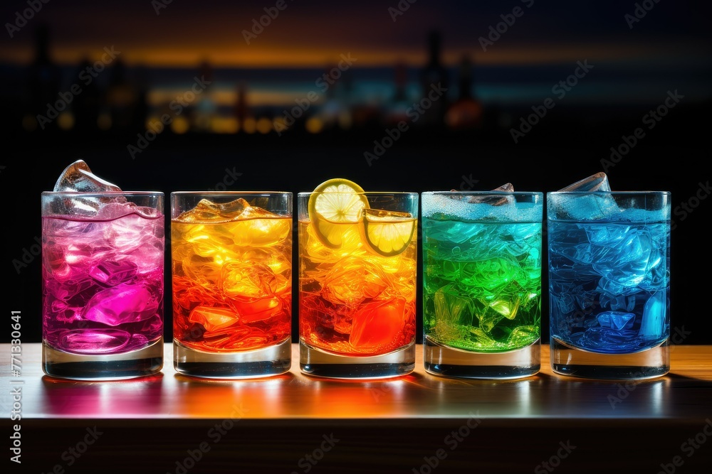 Poster a line-up of glasses filled with an array of vibrant, colorful drinks in every shade of the rainbow.