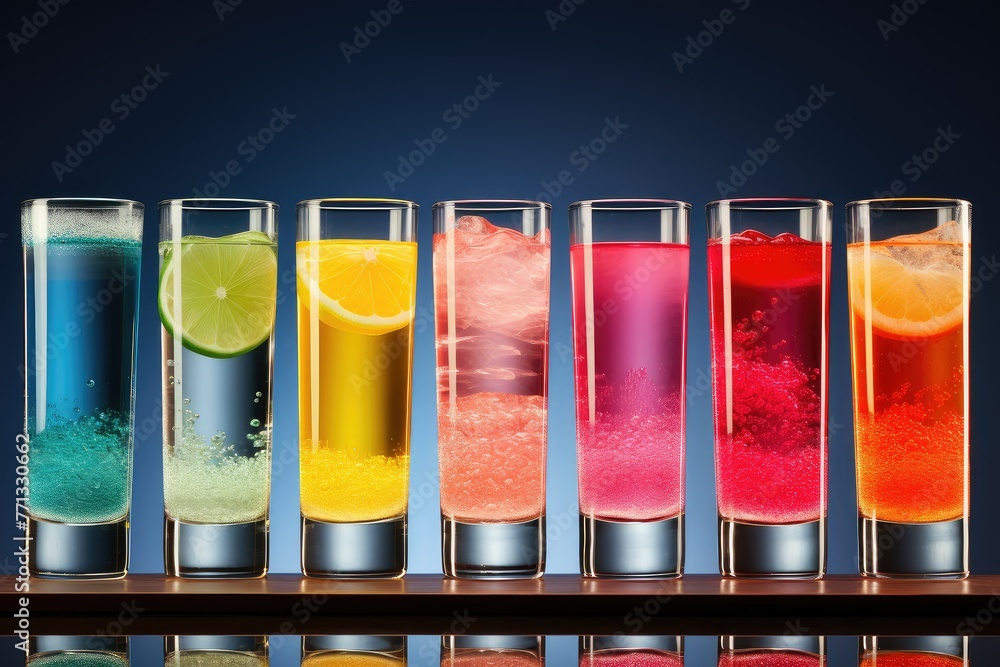 Poster a vibrant row of glasses filled with different colored liquids, representing a spectrum of refreshme