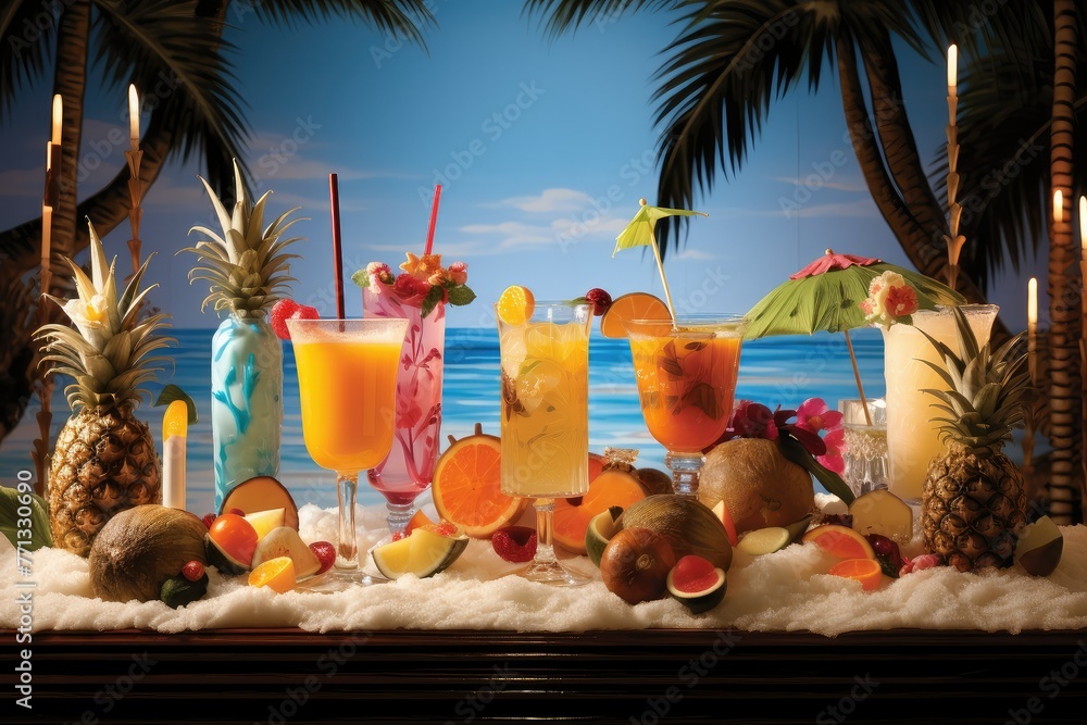 Poster a variety of colorful tropical fruit-based drinks fill a table, creating a vibrant and enticing disp