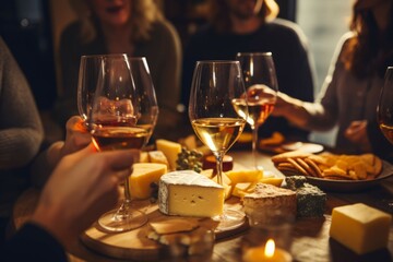 Wine and cheese tasting party with friends - obrazy, fototapety, plakaty