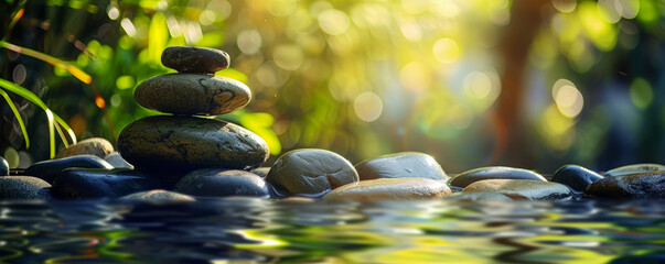 Zen stone stack by a tranquil water pond. Wellness and meditation concept. Design for spa, relaxation poster, wallpaper. Close-up photography with bokeh light and natural background - obrazy, fototapety, plakaty