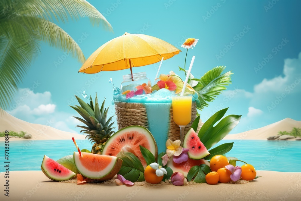 Poster a serene beach setting featuring a spread of watermelon and oranges next to a colorful umbrella, inv