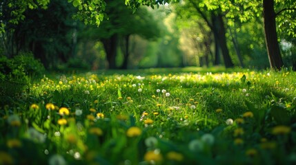 Landscape of young lush green grass with blooming dandelions Beautiful spring natural background.
