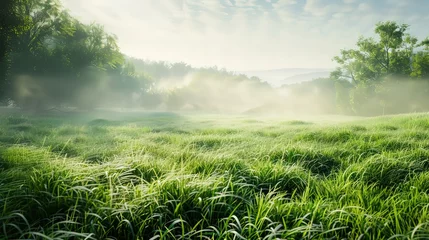 Poster natural landscape with lawn with cut fresh grass in early morning Panoramic spring background. © JuJamal
