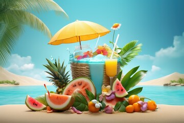 A serene beach setting featuring a spread of watermelon and oranges next to a colorful umbrella, inviting you to relax and enjoy the tropical atmosphere. Generative AI