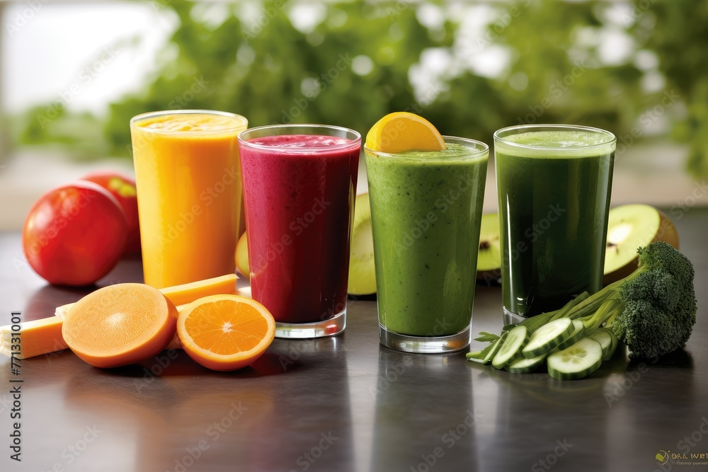 Poster a table displays a colorful array of glasses filled with vibrant veggie medley drinks, each bursting