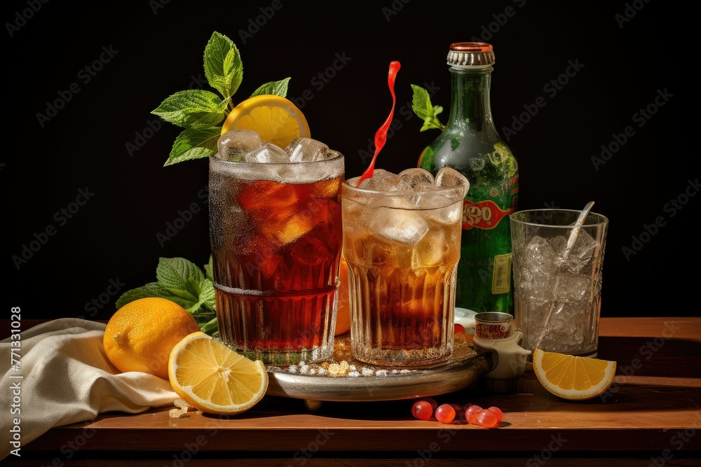 Poster a table adorned with two vintage glasses overflowing with refreshing drinks. generative ai
